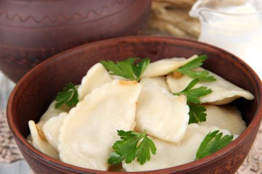 lezzetli köfte ile kızarmış soğan kahverengi kupa, yakın çekim