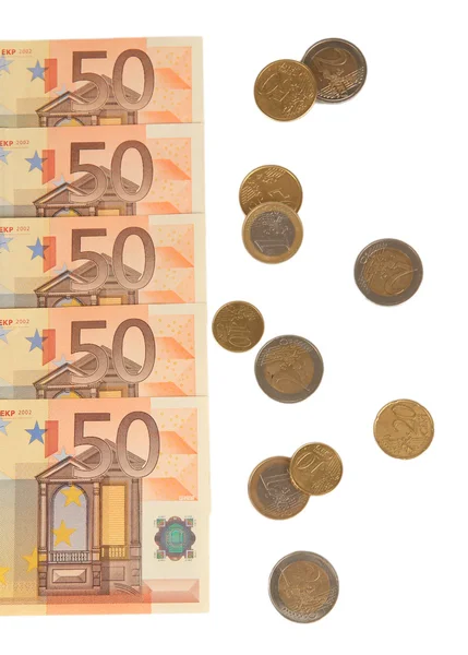 Euro banknotes and euro cents isolated on white — Stock Photo, Image