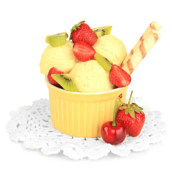 Delicious ice cream with fruits and berries in bowl isolated on white — Stock Photo, Image