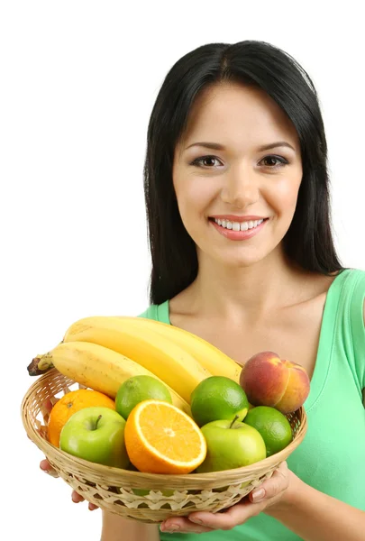 Menina com frutas frescas isoladas no branco — Fotografia de Stock