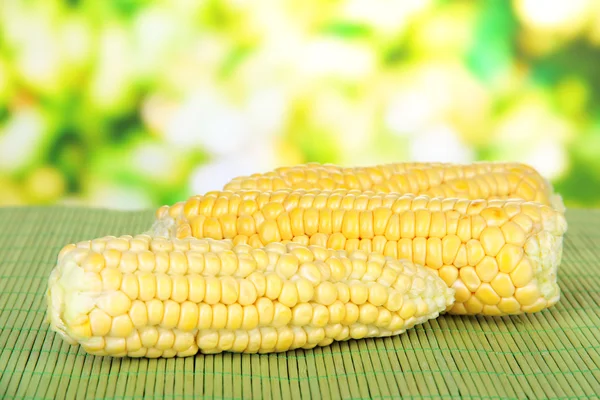 Fresh corn on bamboo mat, on bright background — Stock Photo, Image