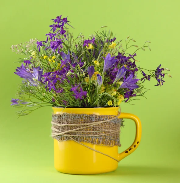 Mooi boeket van wilde bloemen in cup op groene achtergrond — Zdjęcie stockowe