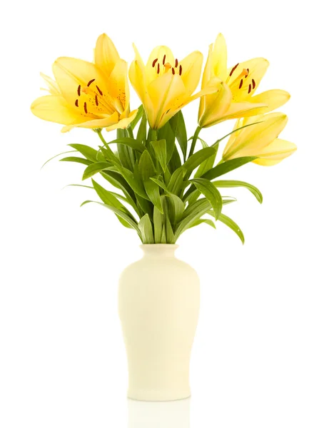 Beautiful orange lilies in vase, isolated on white — Stock Photo, Image