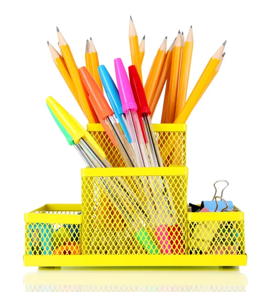 Office equipment in yellow stationary holder isolated on white — Stock Photo, Image
