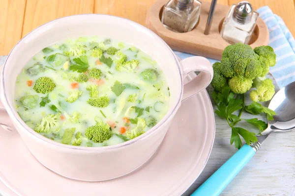 Cabbage soup in plate on napkin close-up — Stock Photo, Image