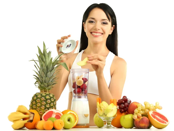 Menina com frutas frescas isoladas no branco — Fotografia de Stock