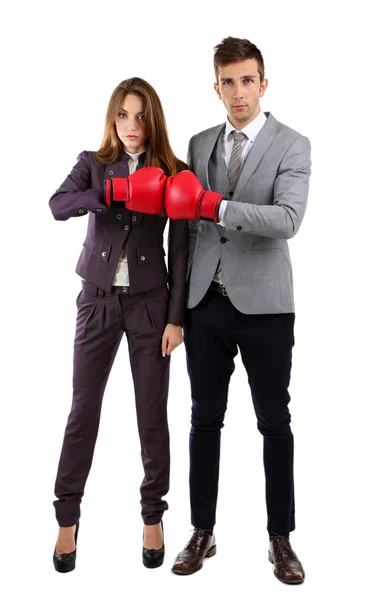 Jeune entreprise en gants de boxe isolés sur blanc — Photo