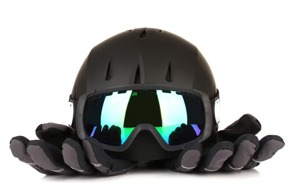 Wintersportbrille, Helm und Handschuhe, isoliert auf weiß — Stockfoto