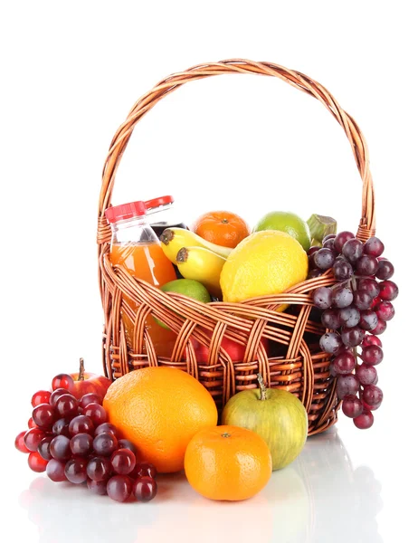 Different fruits in wicker basket with juice isolated on white — Stock Photo, Image