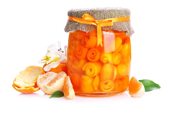 Orange jam with zest and tangerines, isolated on white — Stock Photo, Image