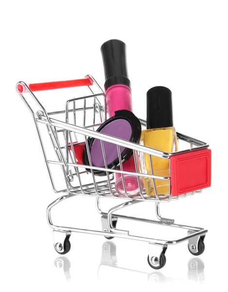 Cosmetics in cart isolated on white — Stock Photo, Image