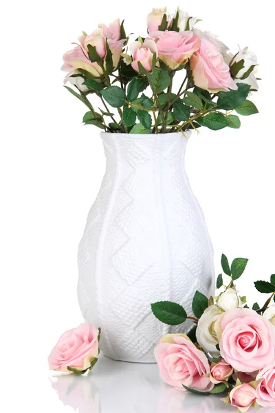 Beautiful pink and white roses in vase isolated on white — Stock Photo, Image