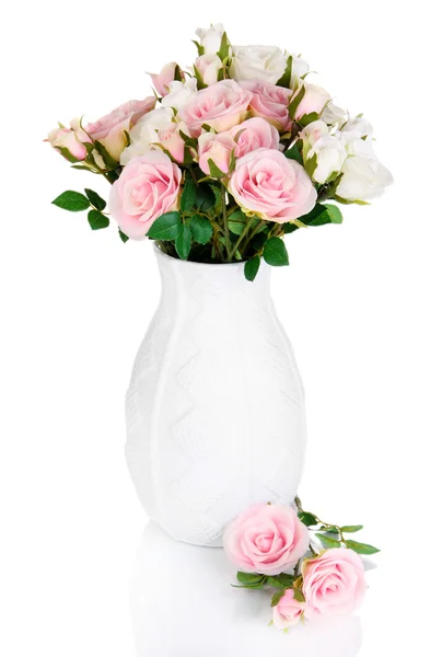 Beautiful pink and white roses in vase isolated on white — Stock Photo, Image