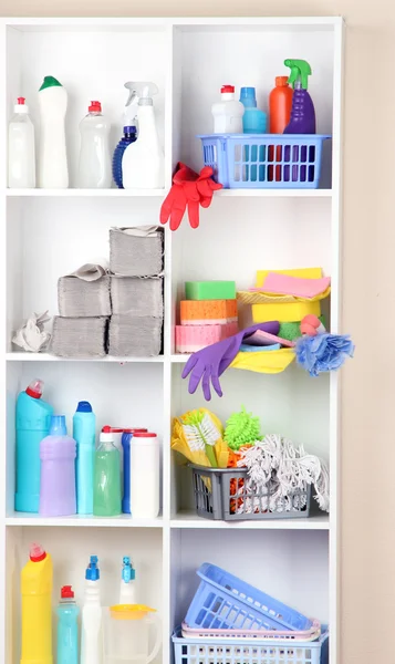 Regale in der Speisekammer mit Reinigungsmitteln für zu Hause Nahaufnahme — Stockfoto