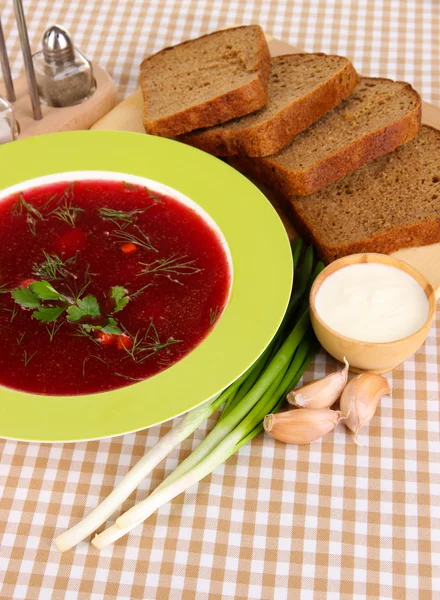 Delicious borsch on table close-up — Stock Photo, Image