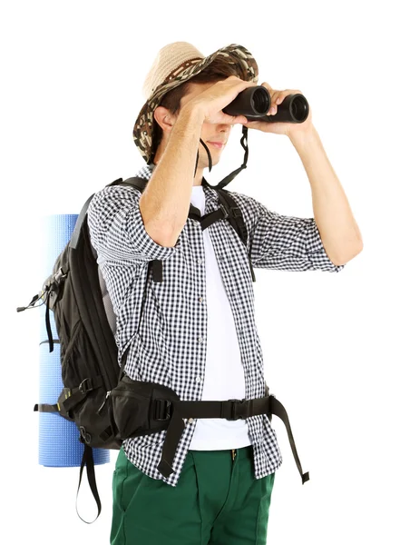 Unga hiker man turist med kikare, isolerad på vit — Stockfoto