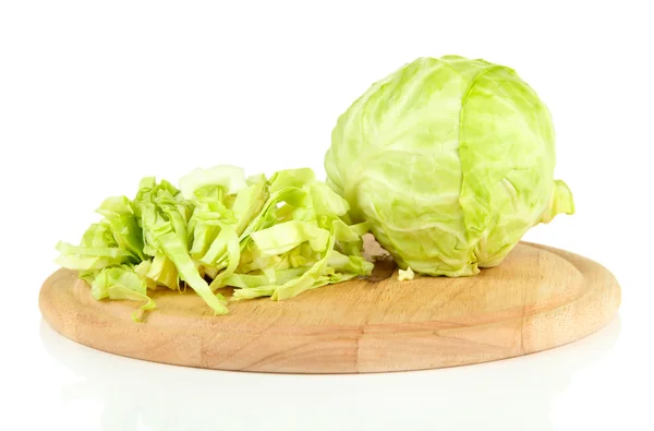 Green cabbage sliced on cutting board, isolated on white — Stock Photo, Image