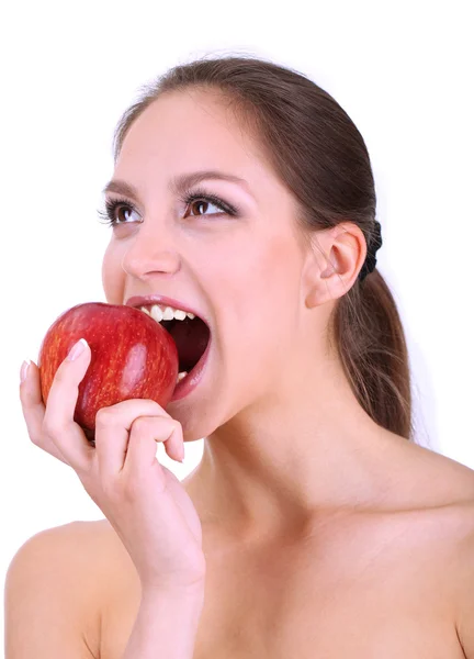 Χαμογελαστή γυναίκα με το μήλο που απομονώνονται σε λευκό — Φωτογραφία Αρχείου