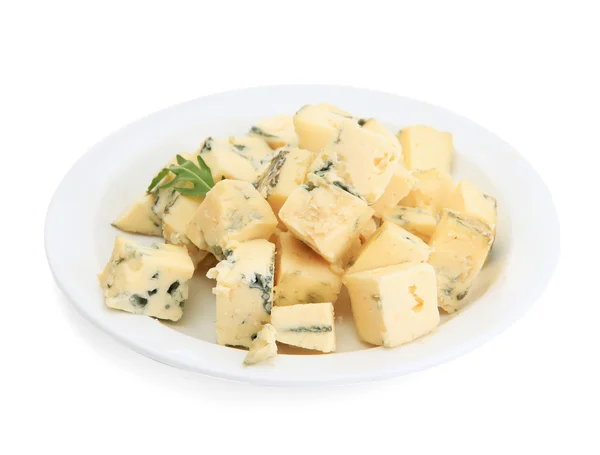 Tasty blue cheese on plate, isolated on white — Stock Photo, Image