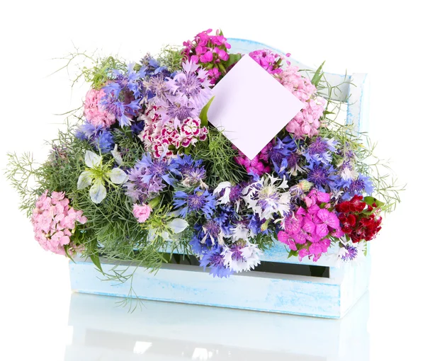 Beautiful bouquet in basket isolated on white — Stock Photo, Image