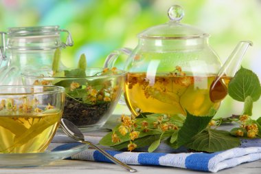 Kettle ve çay ile ıhlamur doğa zemin üzerine ahşap tablo