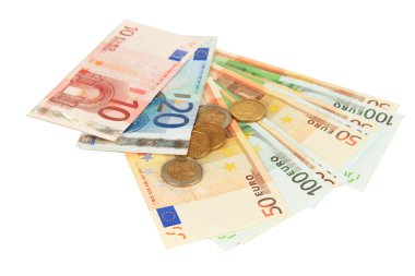 Euro banknot ve üzerinde beyaz izole euro cent