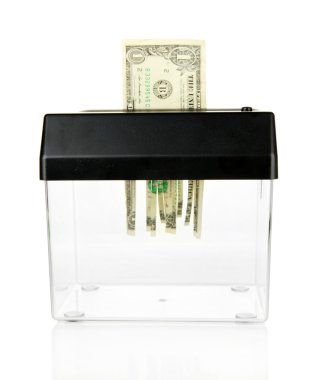 kağıt parçalayıcı makine üzerinde beyaz izole Doları banknot ile