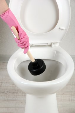 kadın bir klozet banyo unclog için bir dalgıç kullanır