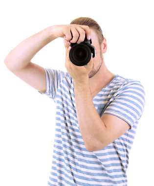 beyaz izole kamera ile yakışıklı fotoğrafçı