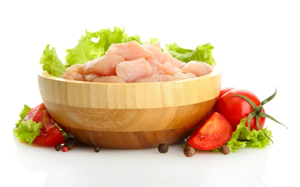 Raw chicken meat in wooden bowl, isolated on white — Stock Photo, Image