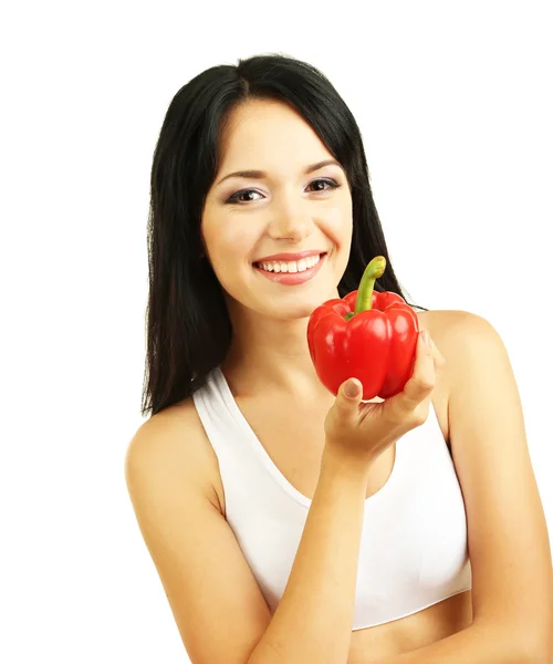 Chica con pimientos frescos aislados en blanco — Foto de Stock