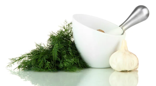 Mortar, herbs and garlic, isolated on white — Stock Photo, Image