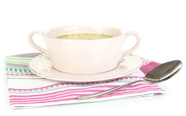 Soupe nourrissante aux légumes dans une casserole isolée sur blanc — Photo