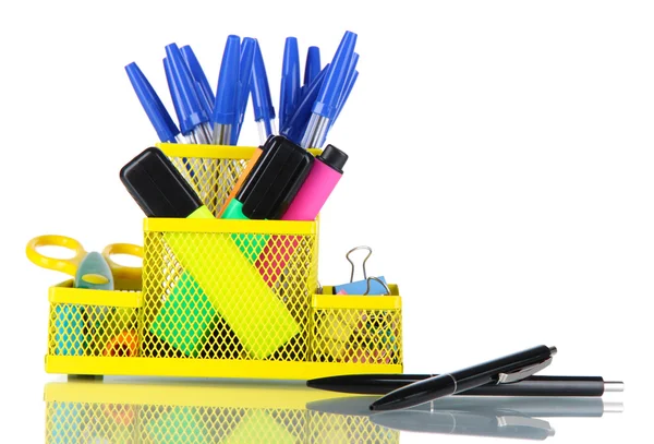Office equipment in yellow stationary holder isolated on white — Stock Photo, Image