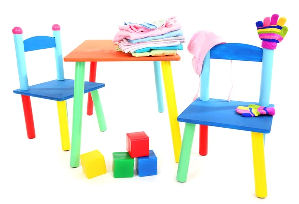 Small and colorful table and chairs for little kids isolated on white — Stock Photo, Image