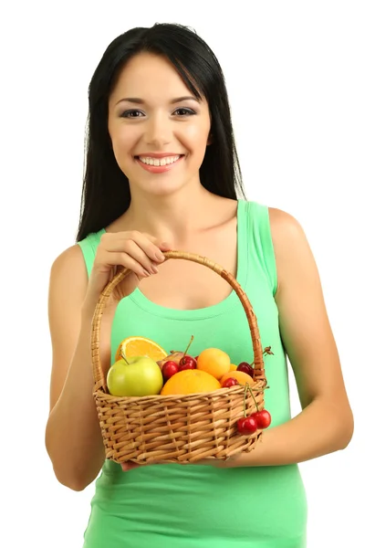 Flicka med färska frukter isolerad på vit — Stockfoto