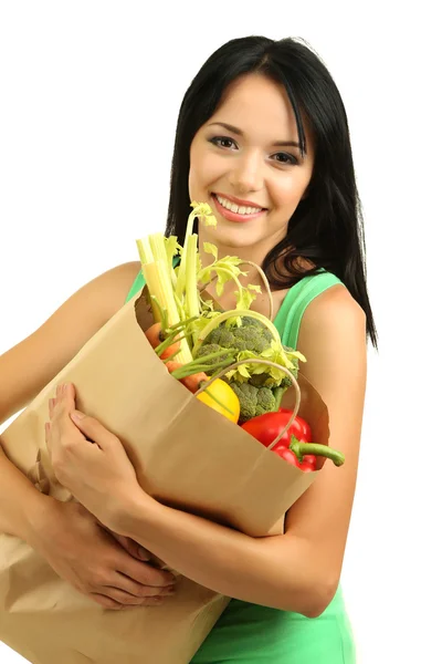 Menina com pacote de alimentos isolados em branco — Fotografia de Stock