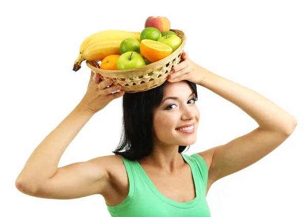 Ragazza con frutta fresca isolata su bianco — Foto Stock