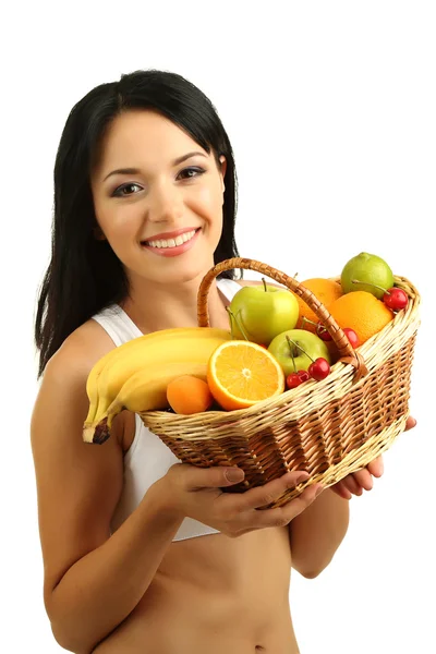 Menina com frutas frescas isoladas no branco — Fotografia de Stock