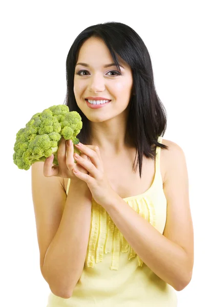 Ragazza con broccoli freschi isolati su bianco — Foto Stock