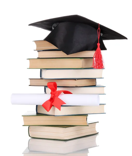 Grad hat with diploma and books isolated on white — Stock Photo, Image