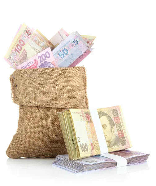 Burlap bag with Ukrainian money, isolated on white — Stock Photo, Image