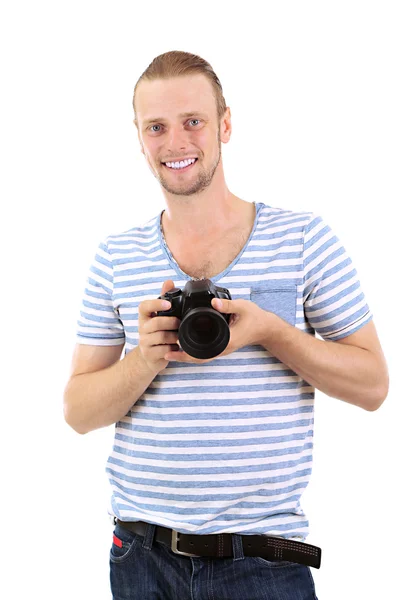 Pěkný fotograf s fotoaparátem, izolované na bílém — Stockfoto
