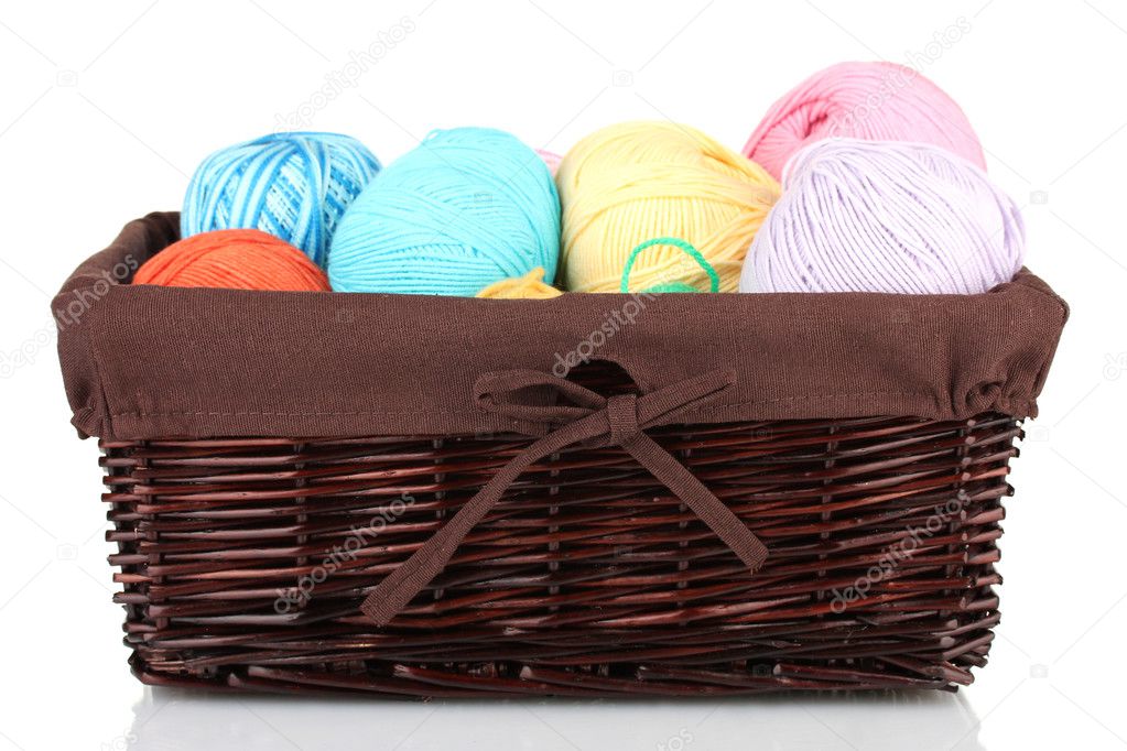 Colorful yarn balls in wicker basket isolated on white