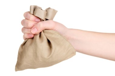 elinde beyaz izole küçük çuval