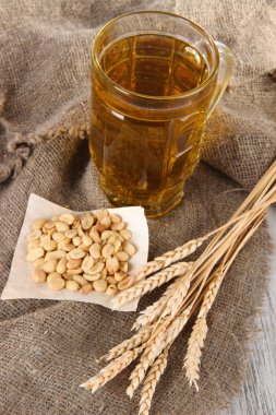 bira cam ve ahşap masa üzerinde torbalama fındık