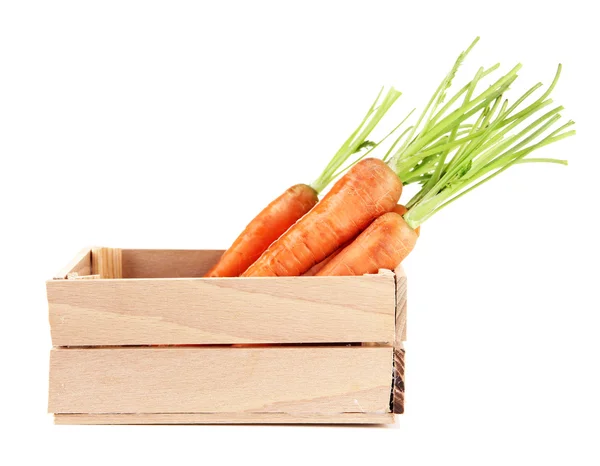 Морковь в деревянном ящике, изолированном на белом — стоковое фото