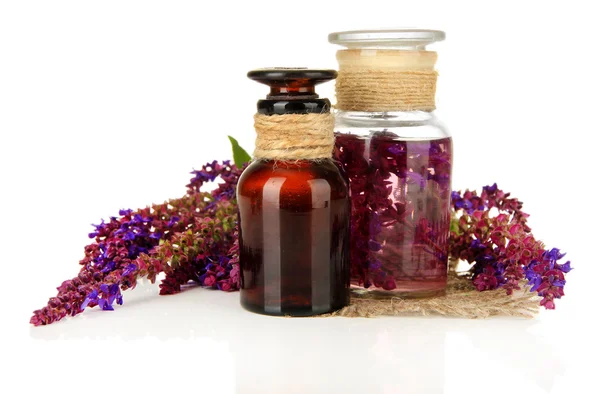 Medicine bottles and salvia flowers, isolated on white — Stock Photo, Image