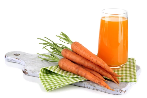 Glass of carrot juice and carrots, isolated on white — Stock Photo, Image