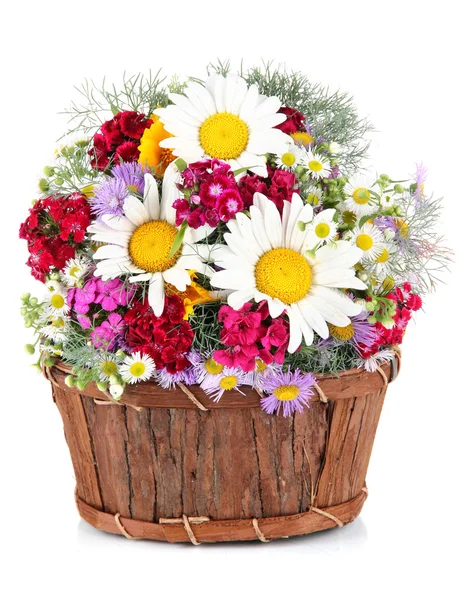 Beautiful bright flowers in wooden basket isolated on white — Stock Photo, Image